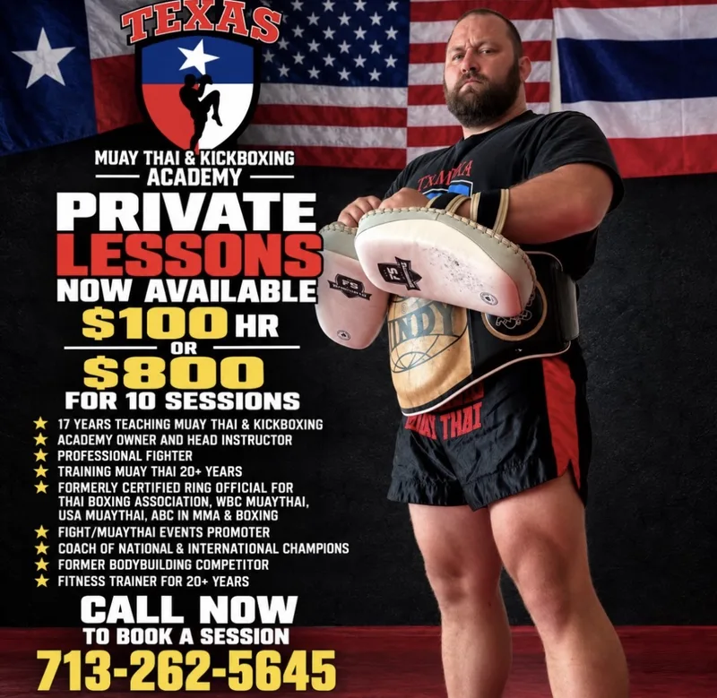 Private lessons with Kru Jonathan Harris poster: $100 an hour or $800 for 10 sessions. Call 713-262-5645 to book.
